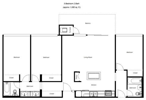 3 Bedroom 2 Bath Homes floor plan for Arastradero West Apartments 